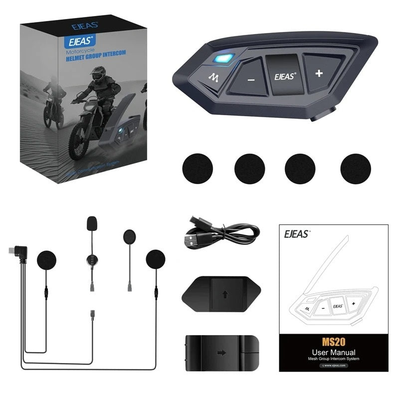 EJEAS MS20 motorcycle helmet intercom system, includes Bluetooth remote, mic, and installation accessories, sleek black design.
