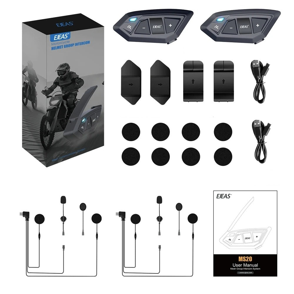 EJEAS M520 motorcycle helmet intercom set with black control units, microphones, and accessories for clear communication.