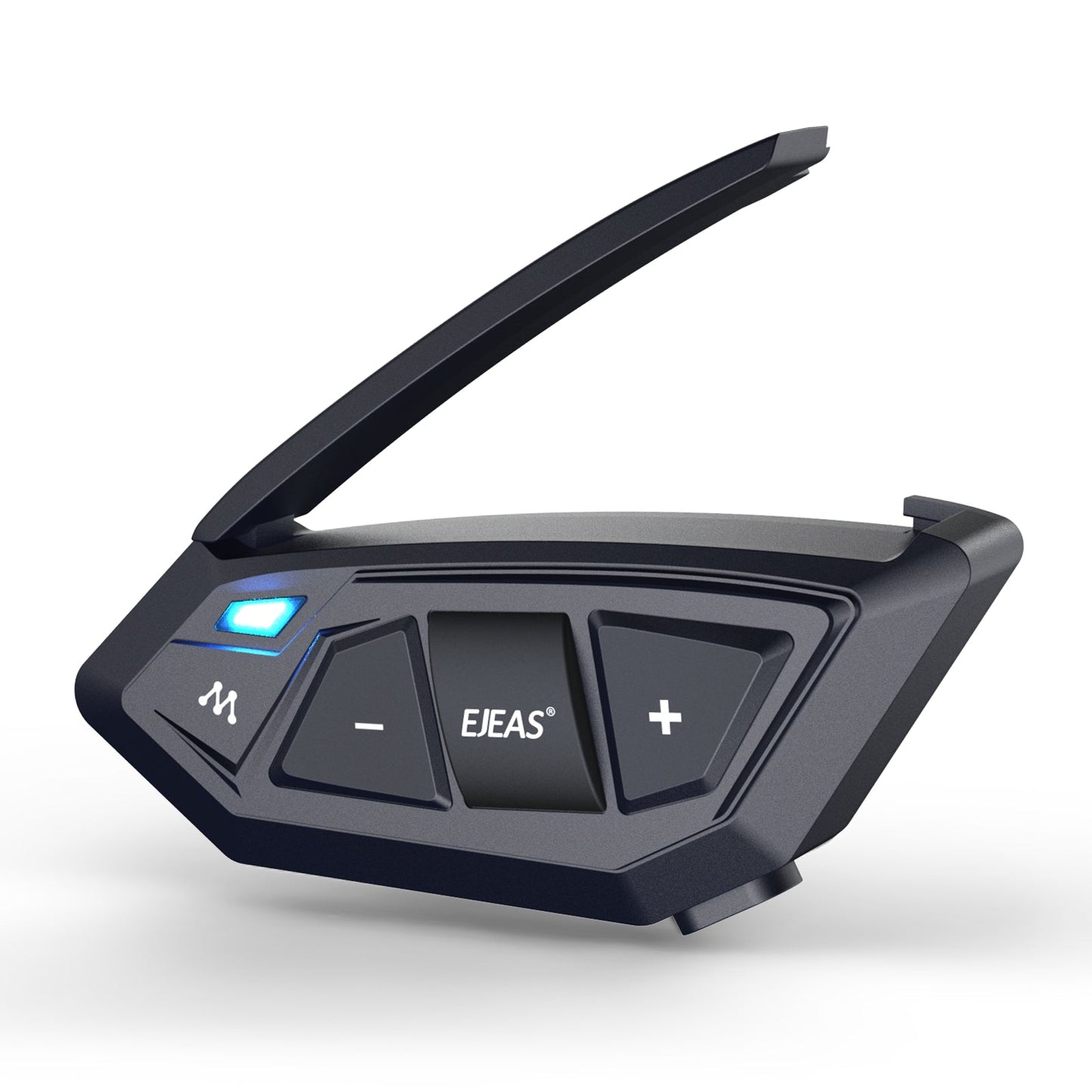Wireless Bluetooth headset control, sleek black design with blue LED indicator, perfect for hands-free calling.