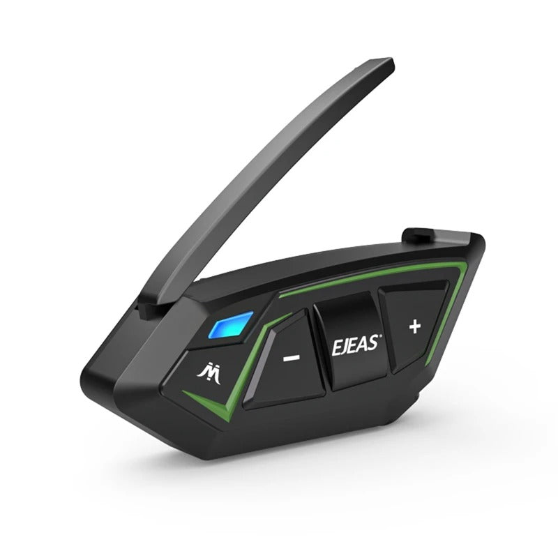 Black EJEAS Bluetooth motorcycle intercom with green accents and a sleek design, featuring buttons for easy control.