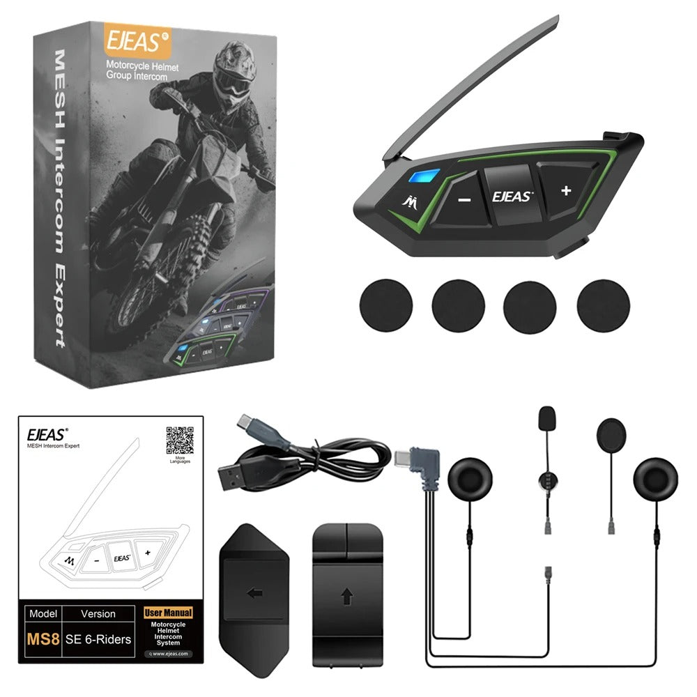 EJEAS M8 Bluetooth motorcycle helmet intercom, black with green and blue buttons, includes accessories for six riders.
