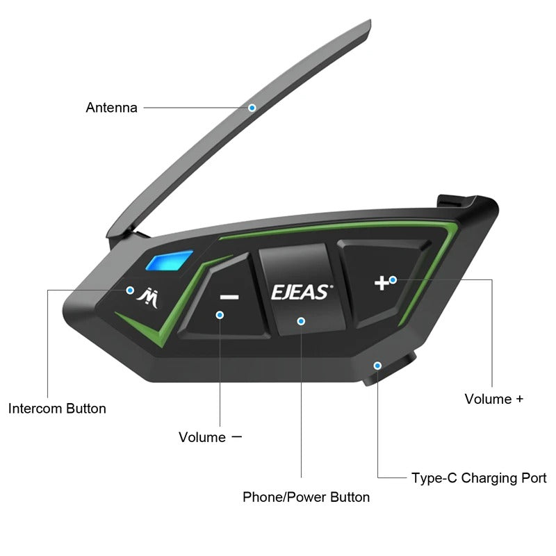 Black Bluetooth intercom headset with green accents, featuring buttons for volume and intercom, Type-C charging port.