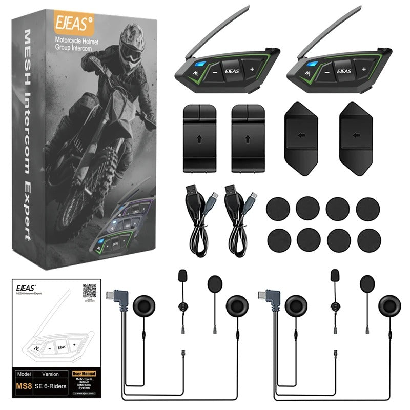 EJEAS MS8 motorcycle intercom system, black with sleek design, includes 6 riders' accessories, USB cables, and mounting pads.