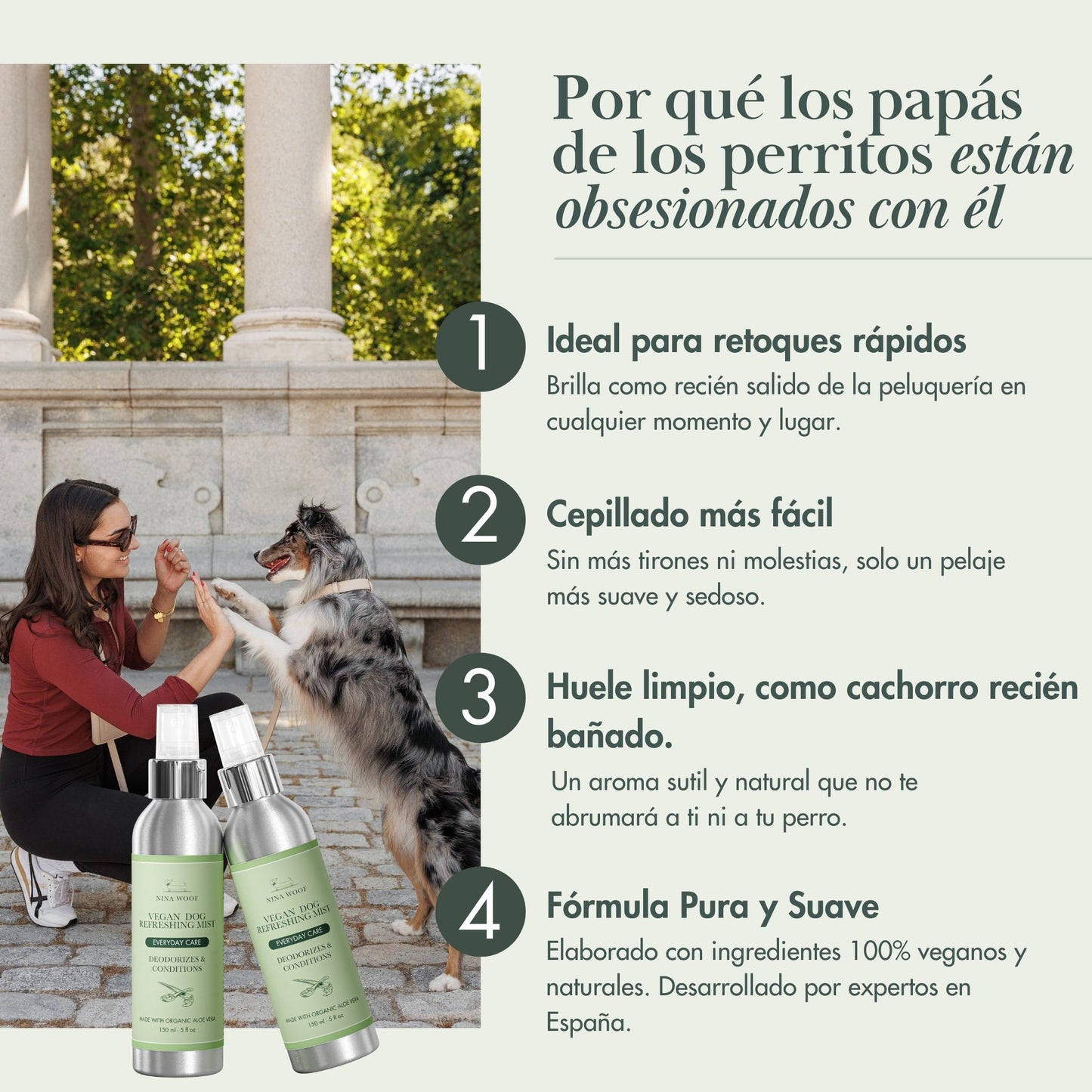 Spray para perros, fórmula suave y natural, aroma fresco, envase verde, ideal para cepillado y mantenimiento.