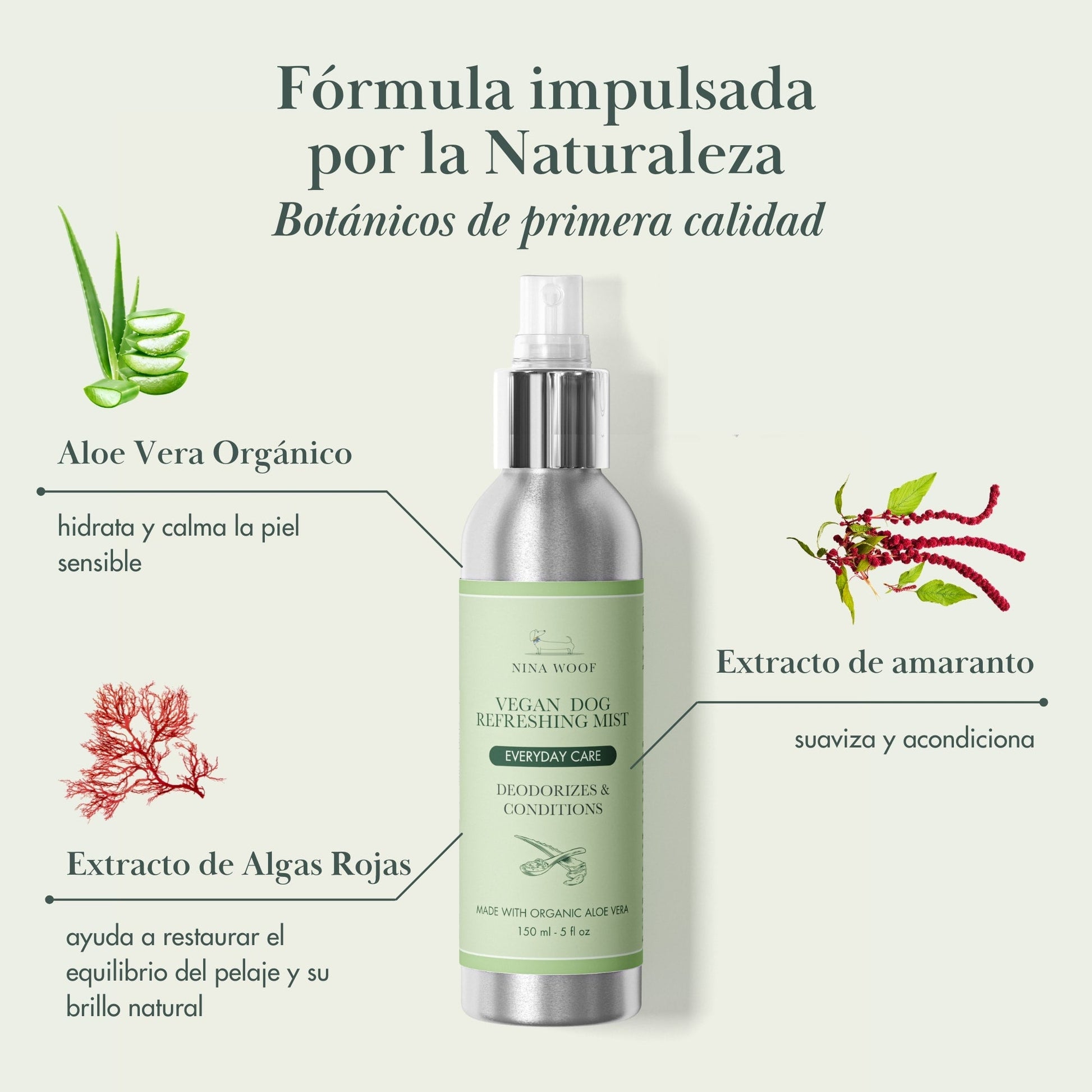 Spray refrescante vegano para perros, 150 ml, con aloe vera, extracto de amarantos y algas rojas, hidratante y acondicionador.