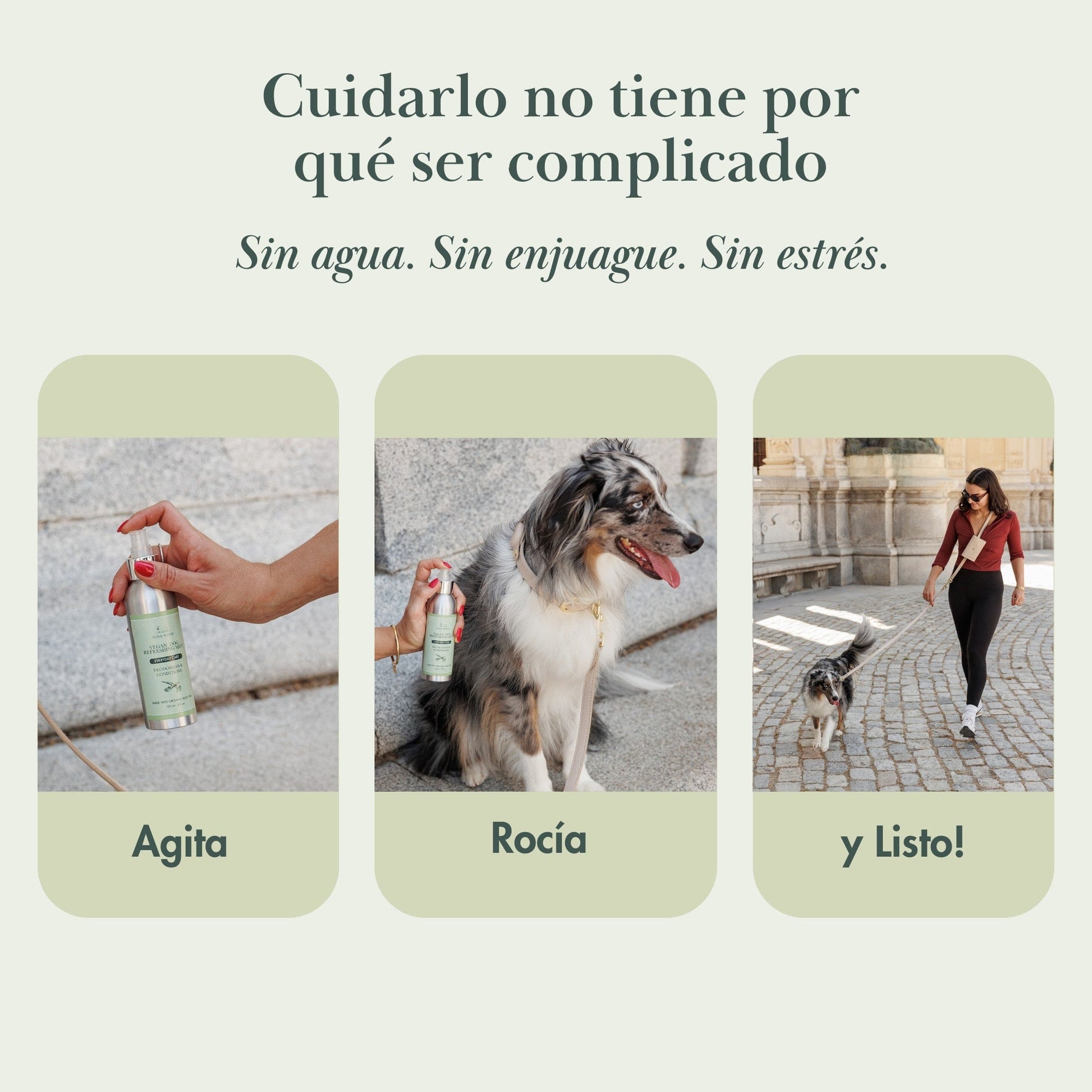 Spray sin agua para mascotas en botella verde, fácil de usar, estilo moderno, perfecto para limpieza rápida.