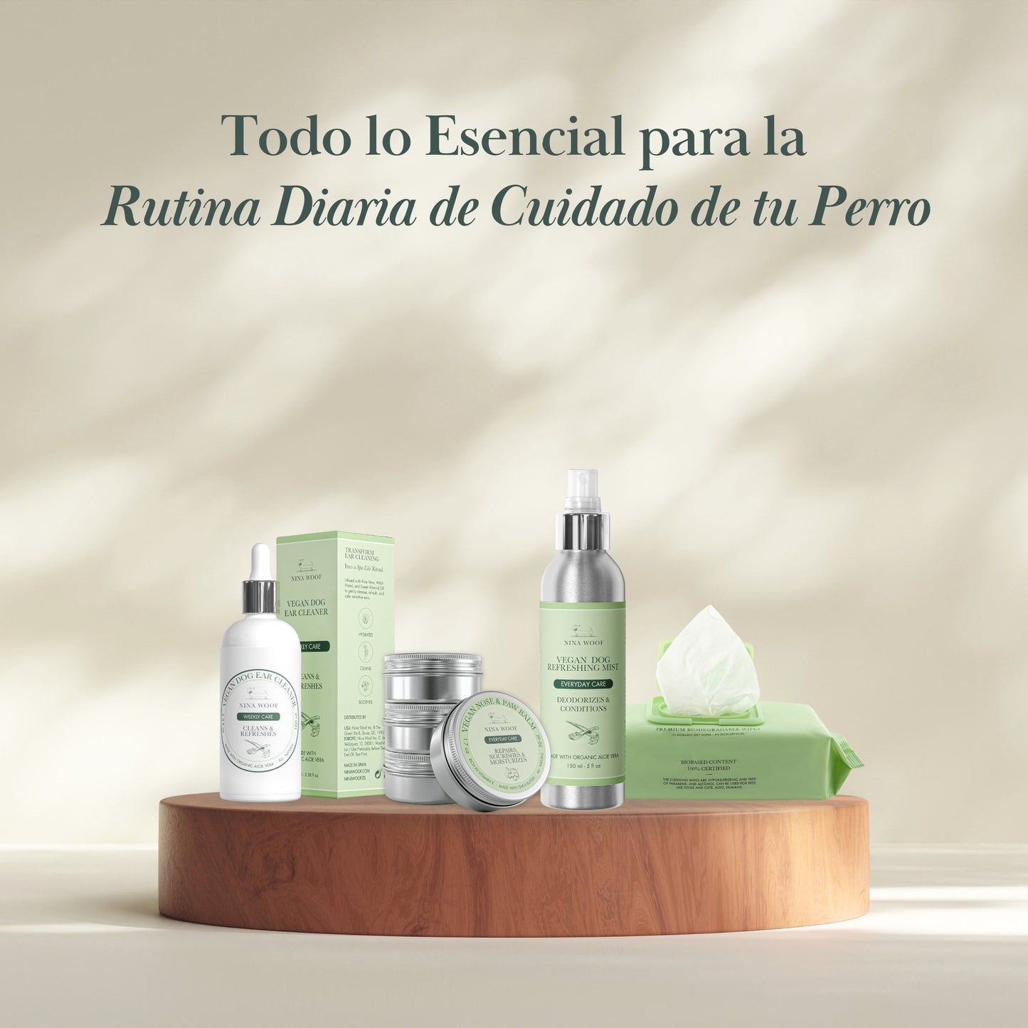 Productos de cuidado para perros: frascos verdes y plateados, cremas, toallitas, presentación elegante y natural.