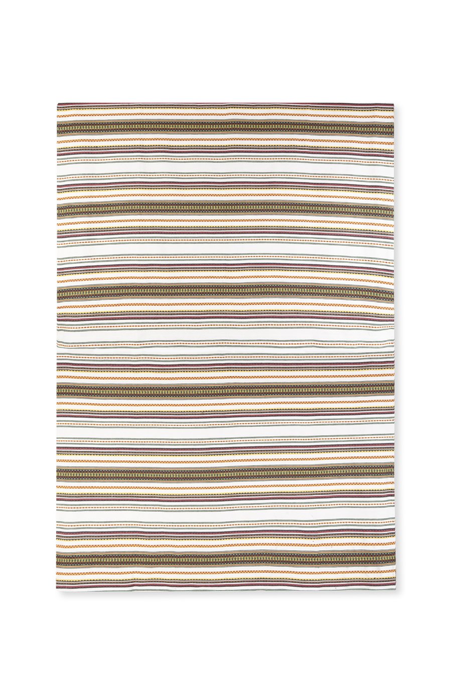 Mantel de rayas en tonos dorados, marrones y blancos, tejido de algodón, estilo moderno y elegante.