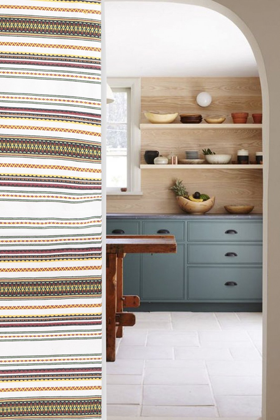 Tela de algodón multicolor con rayas en tonos blanco, rojo y amarillo, ideal para decoración moderna de interiores.