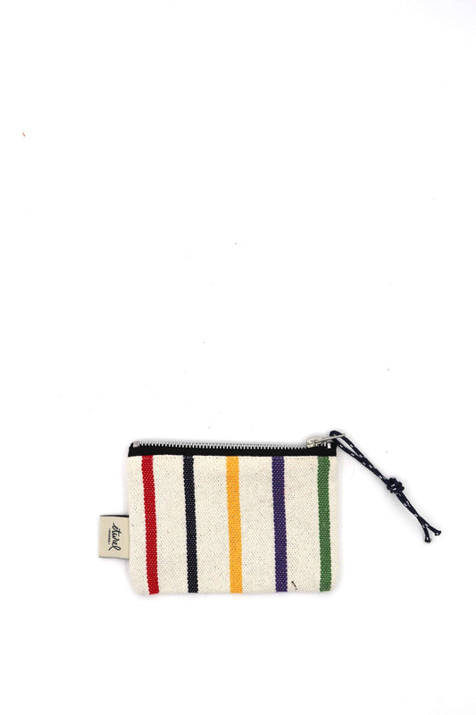 Small rectangular woven coin purse with multi-colored vertical stripes, a black zipper, and a black cord pull.