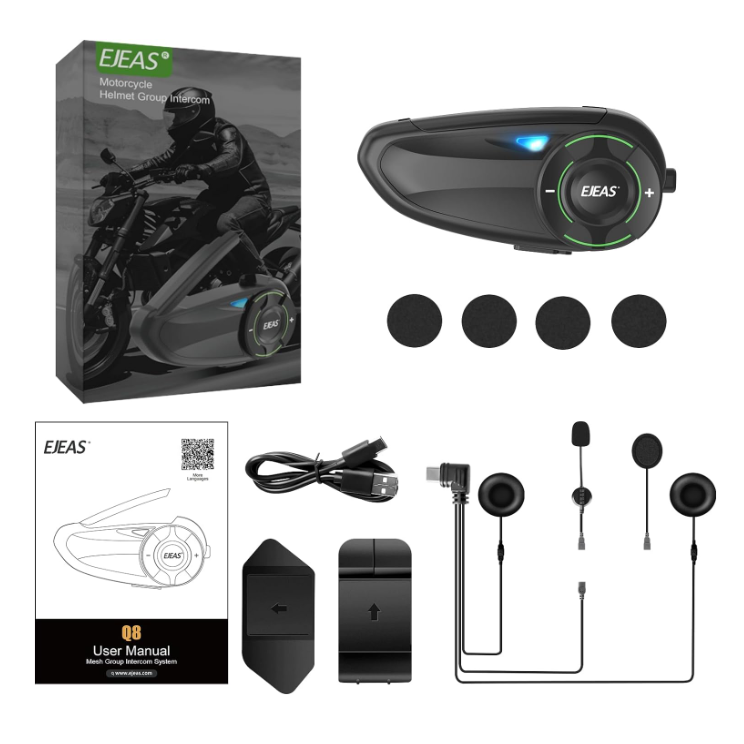 Black EJEAS Q8 motorcycle helmet intercom system with charging cable, microphone, and user manual.