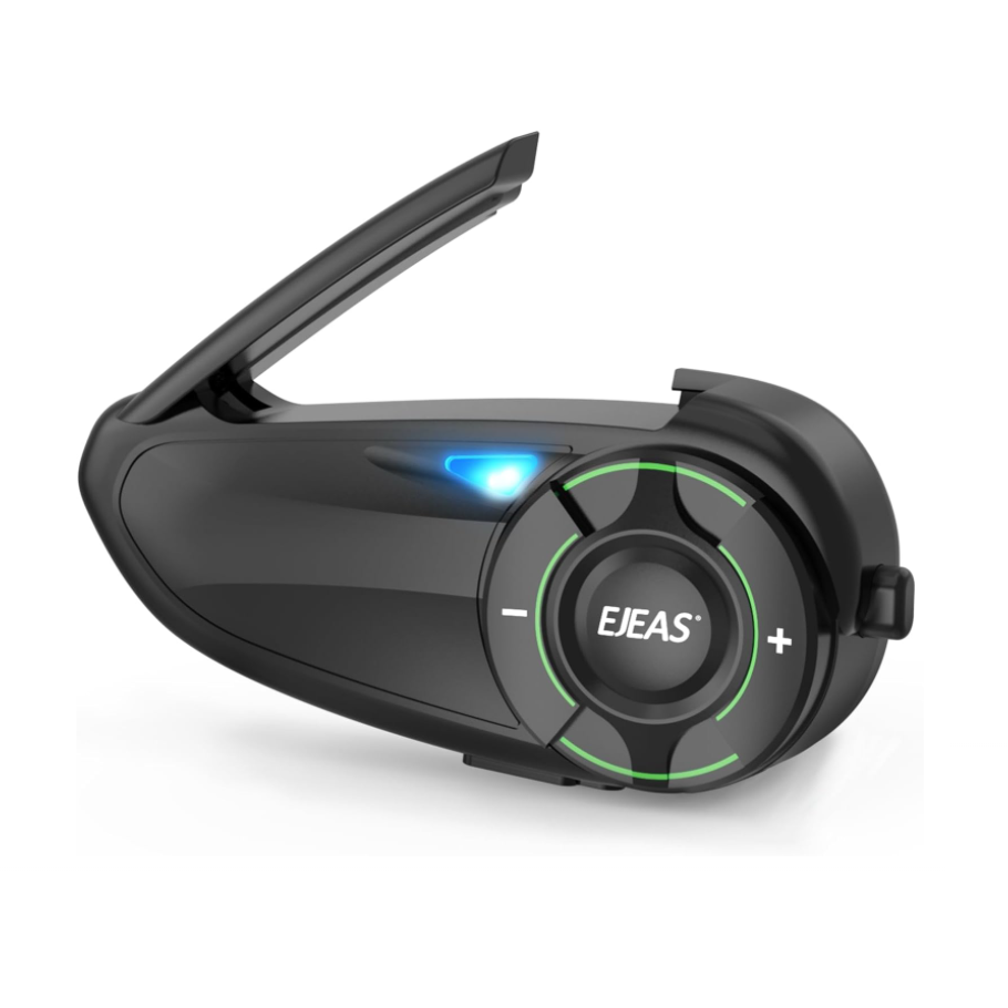 EJEAS Bluetooth helmet intercom in black with green LED indicators, sleek design for clear communication.