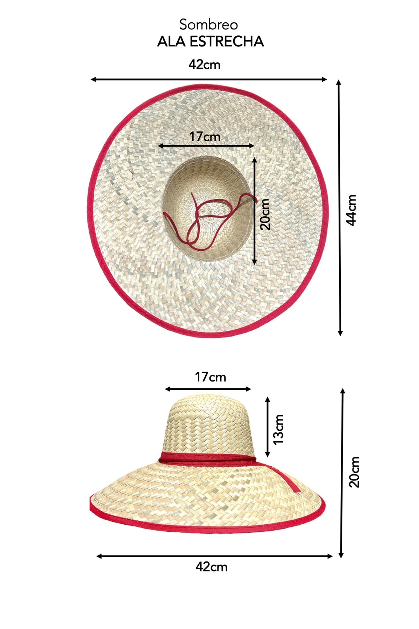 Sombrero de paja natural con ala estrecha y borde rojo, diámetro 42 cm, ideal para el verano.