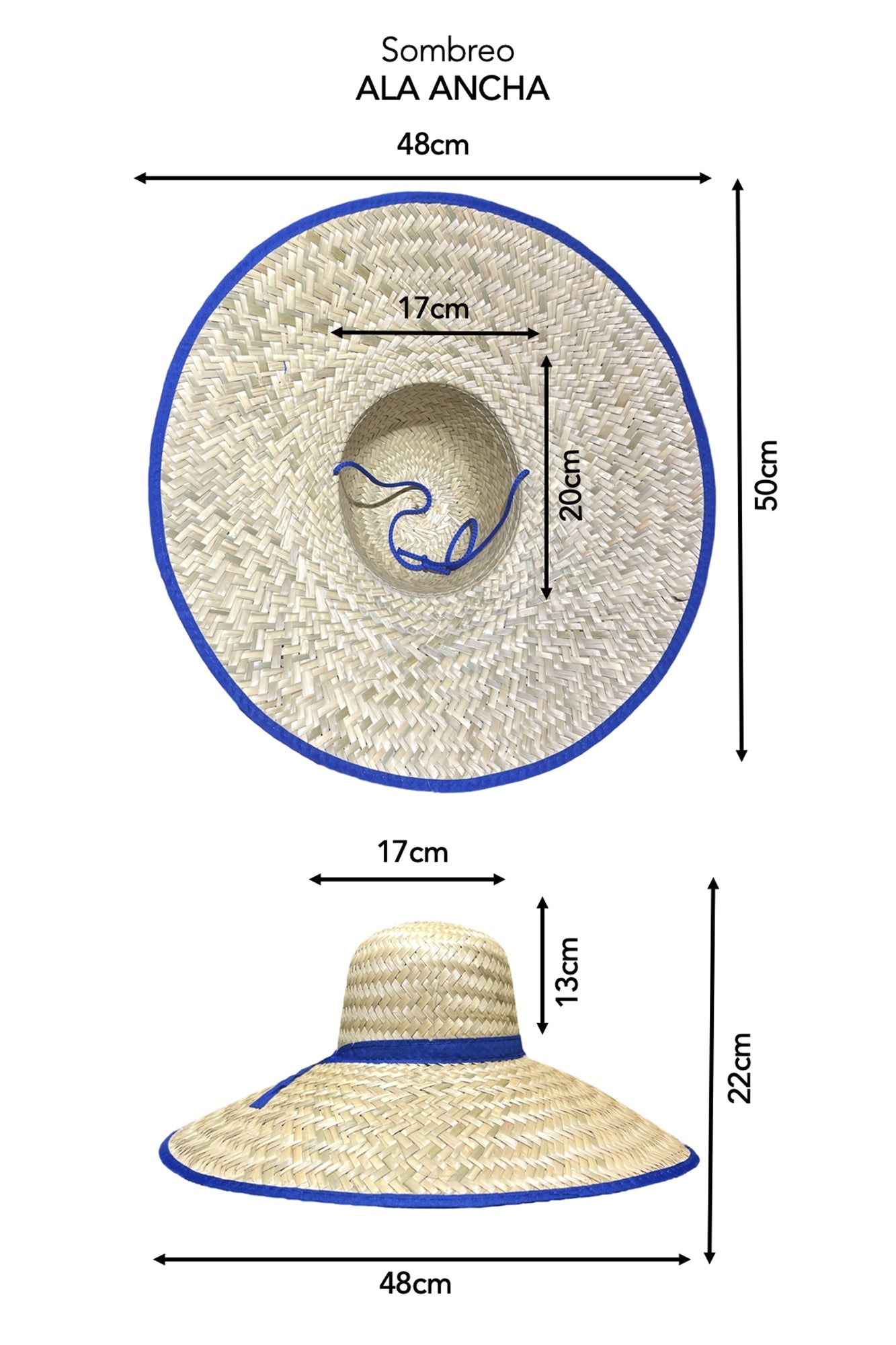 Sombrero de ala ancha, color natural con borde azul, tejido de palma, ideal para el sol y estilo veraniego.