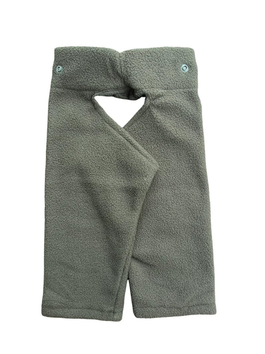 Sage green fleece nappy pants featuring a cutout design, overlapping front panels, and metal snap button closures.