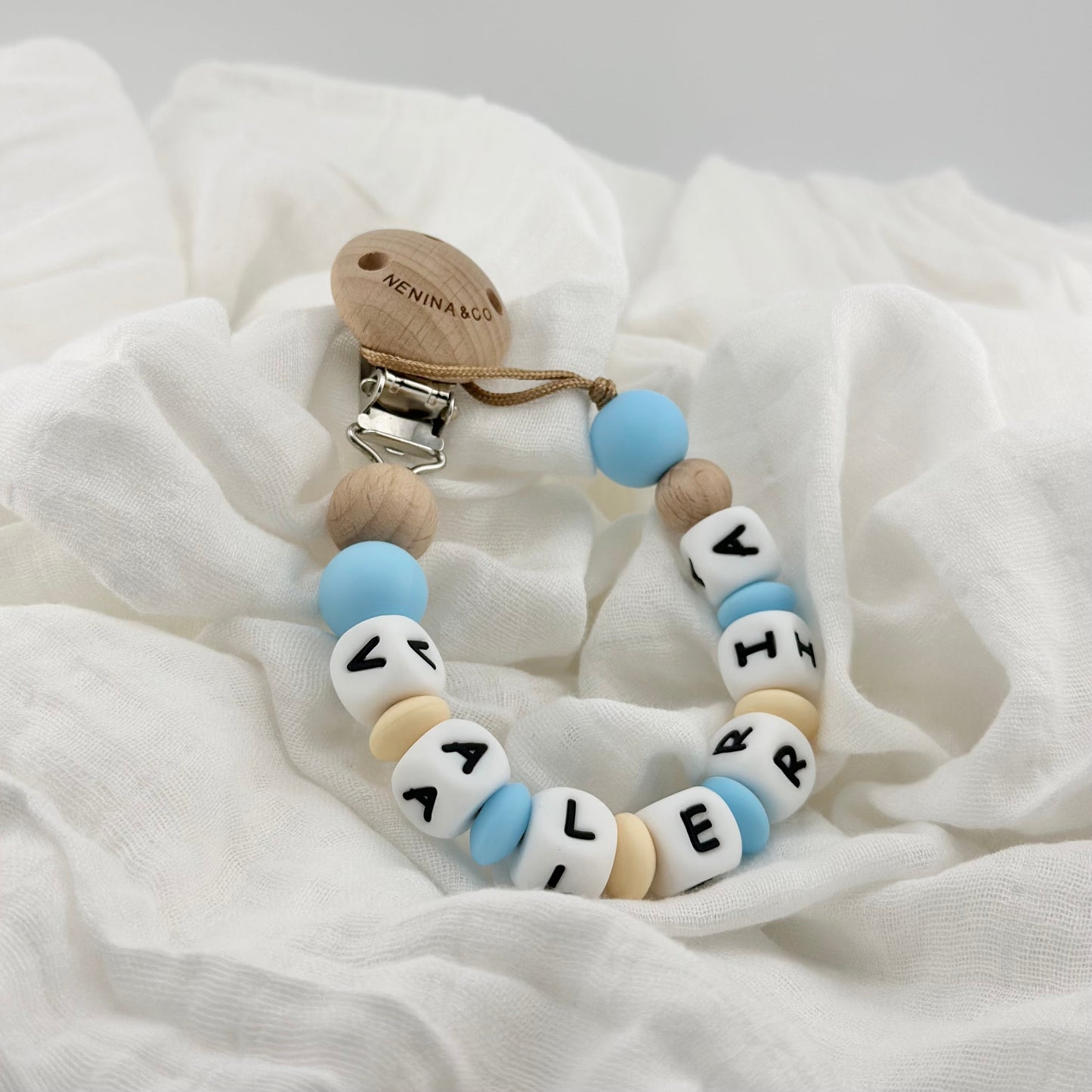 Chupetero Personalizado Celeste con Nombre en Silicona Orgánica | Nenina & Co.