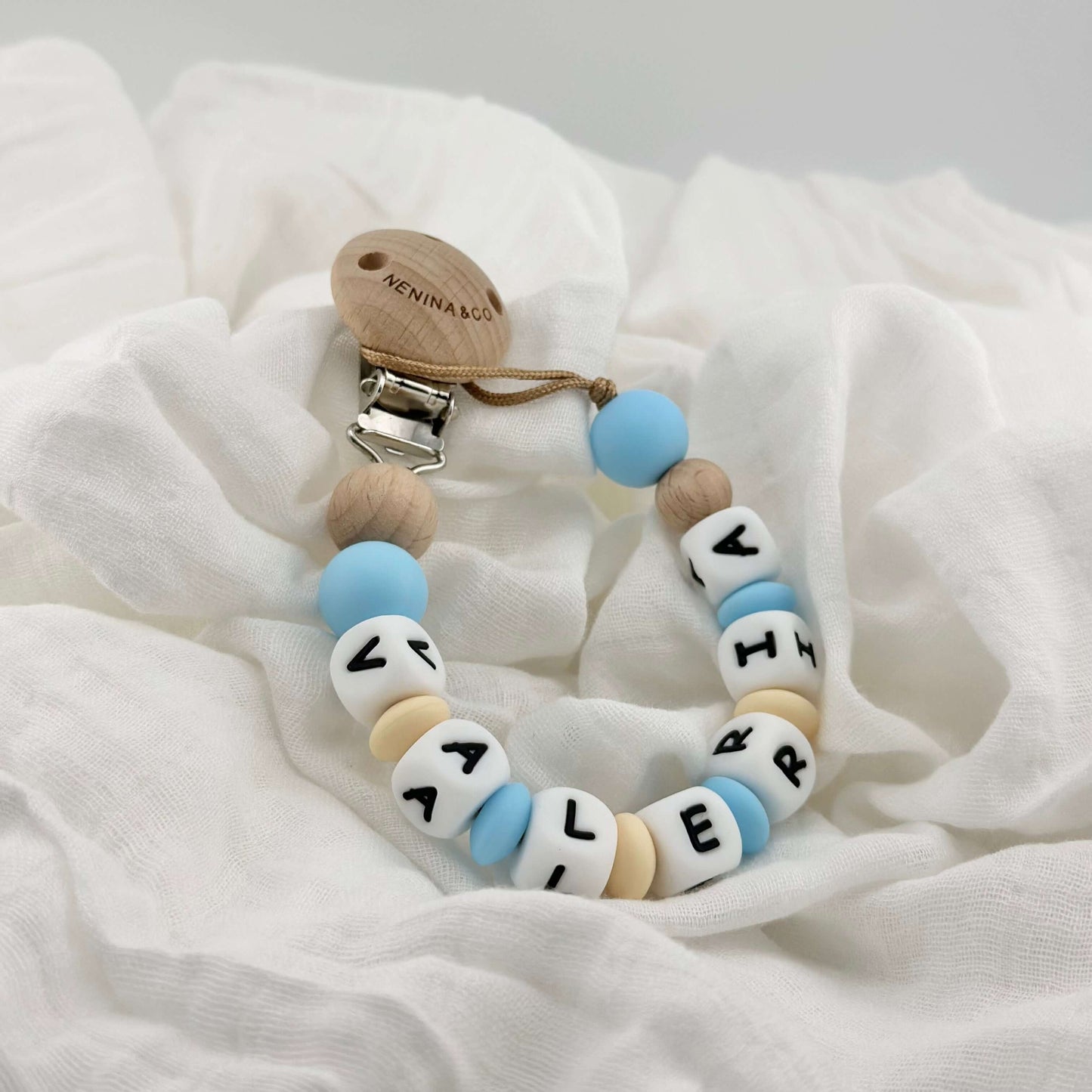 Kit Chupete Clásico Celeste  de Silicona + Chupetero con Nombre | Nenina & Co.