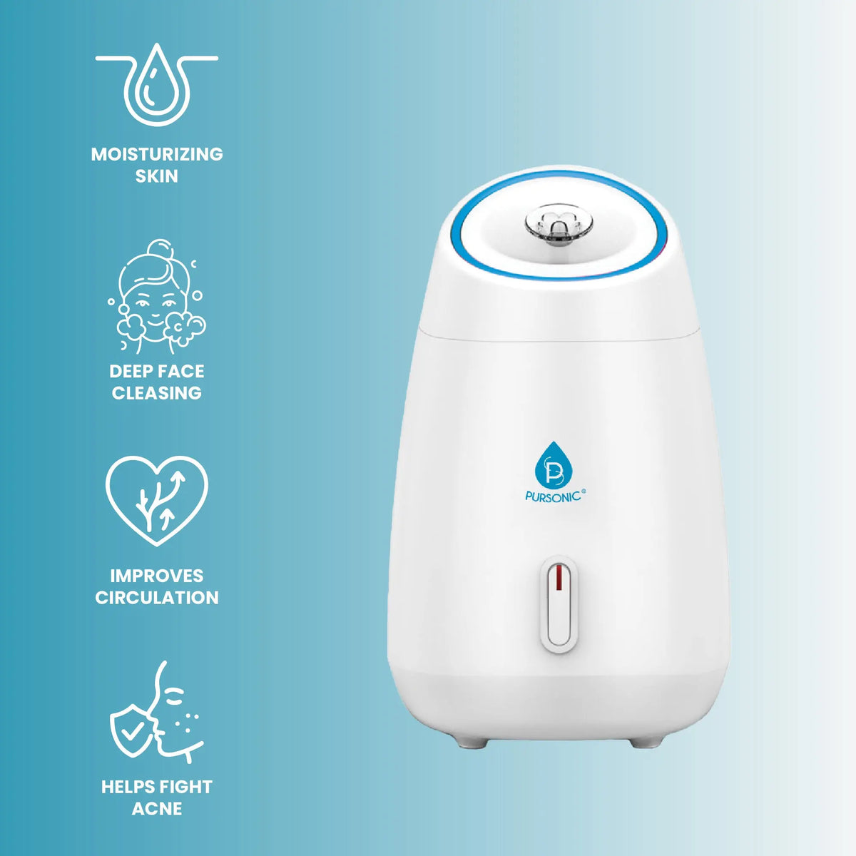 White, rounded Pursonic facial steamer with a blue light ring, steam nozzle, and benefit icons on a blue background.