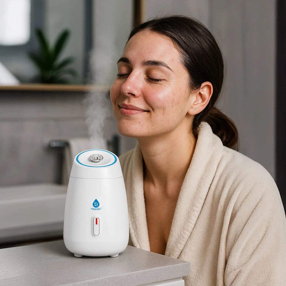 Woman in a bathrobe using a white, dome-shaped facial steamer emitting a warm mist in a modern bathroom setting.