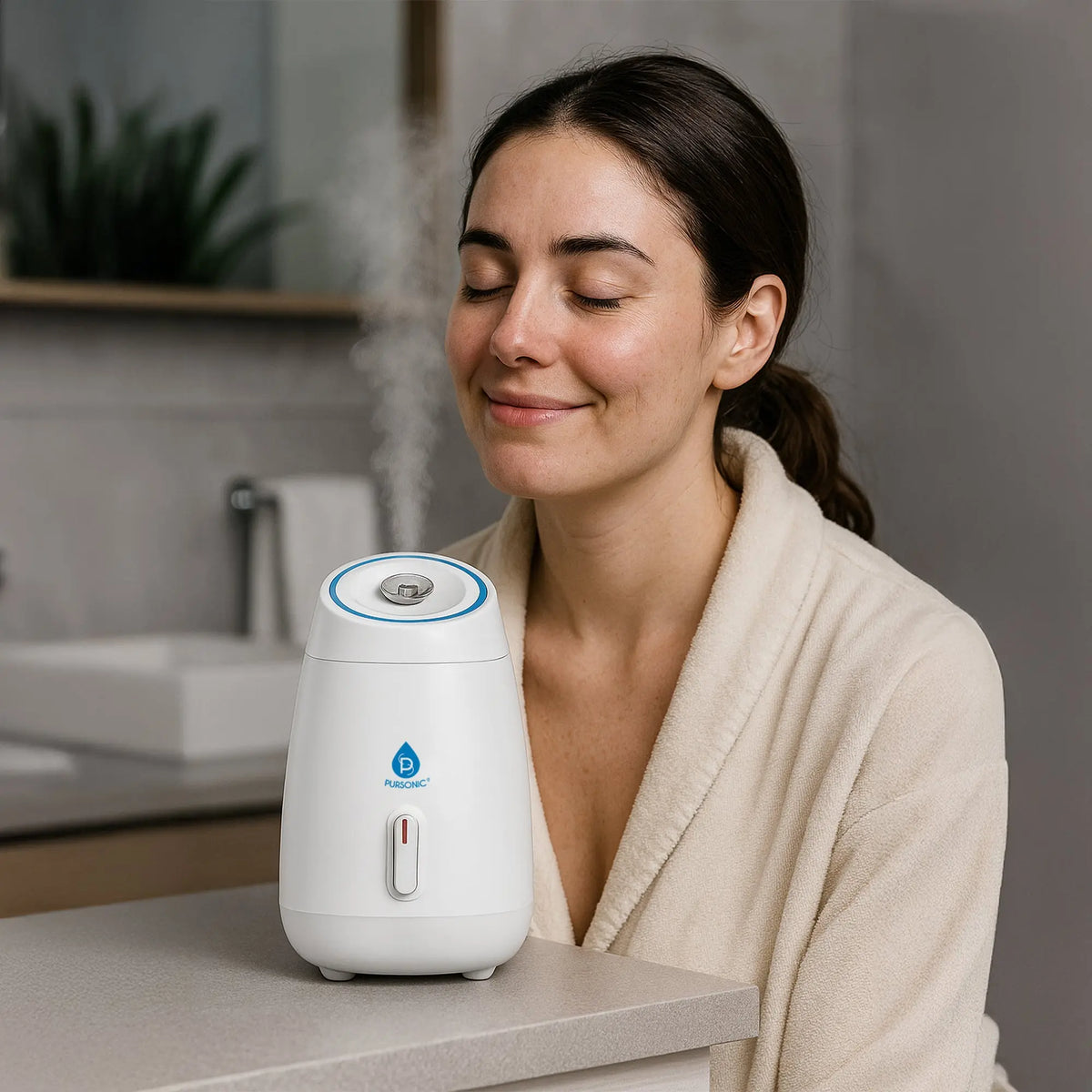 White facial steamer emitting a warm mist with a relaxed woman in a spa robe in the background.