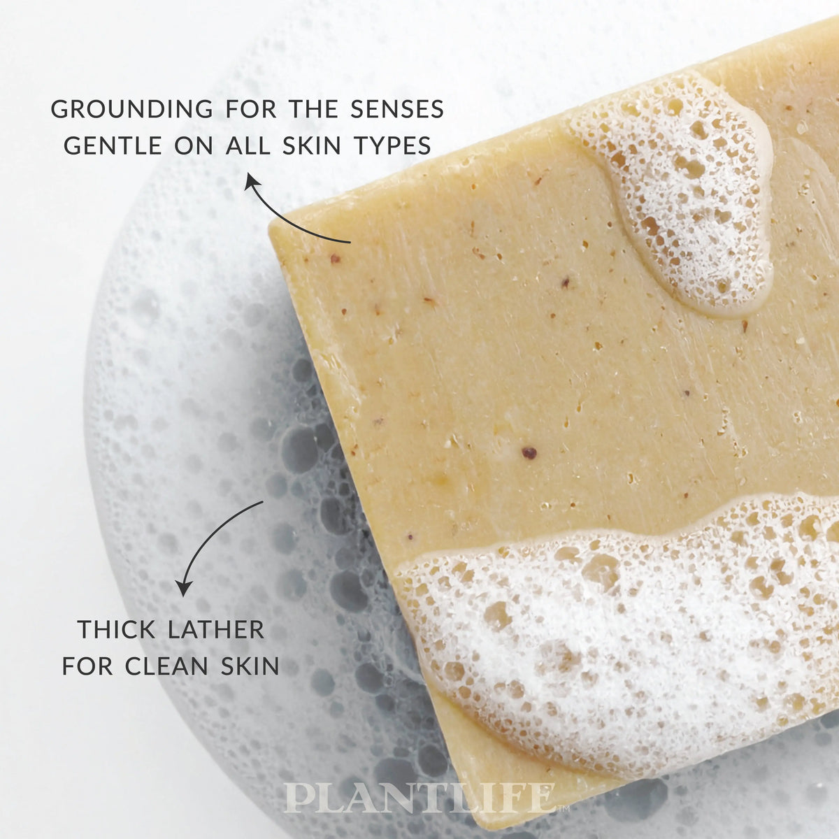 A rectangular tan bar soap with small dark flecks and thick white lather, labeled with skin benefits.