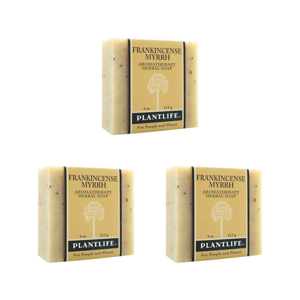 Three bars of Frankincense & Myrrh herbal soap with beige, speckled texture and branded tan paper wrappers.