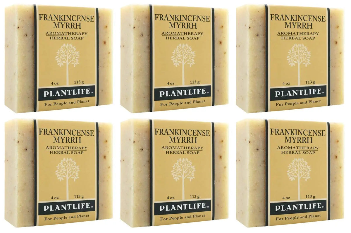 Six rectangular bars of Frankincense and Myrrh herbal soap with beige paper labels featuring a tree logo.