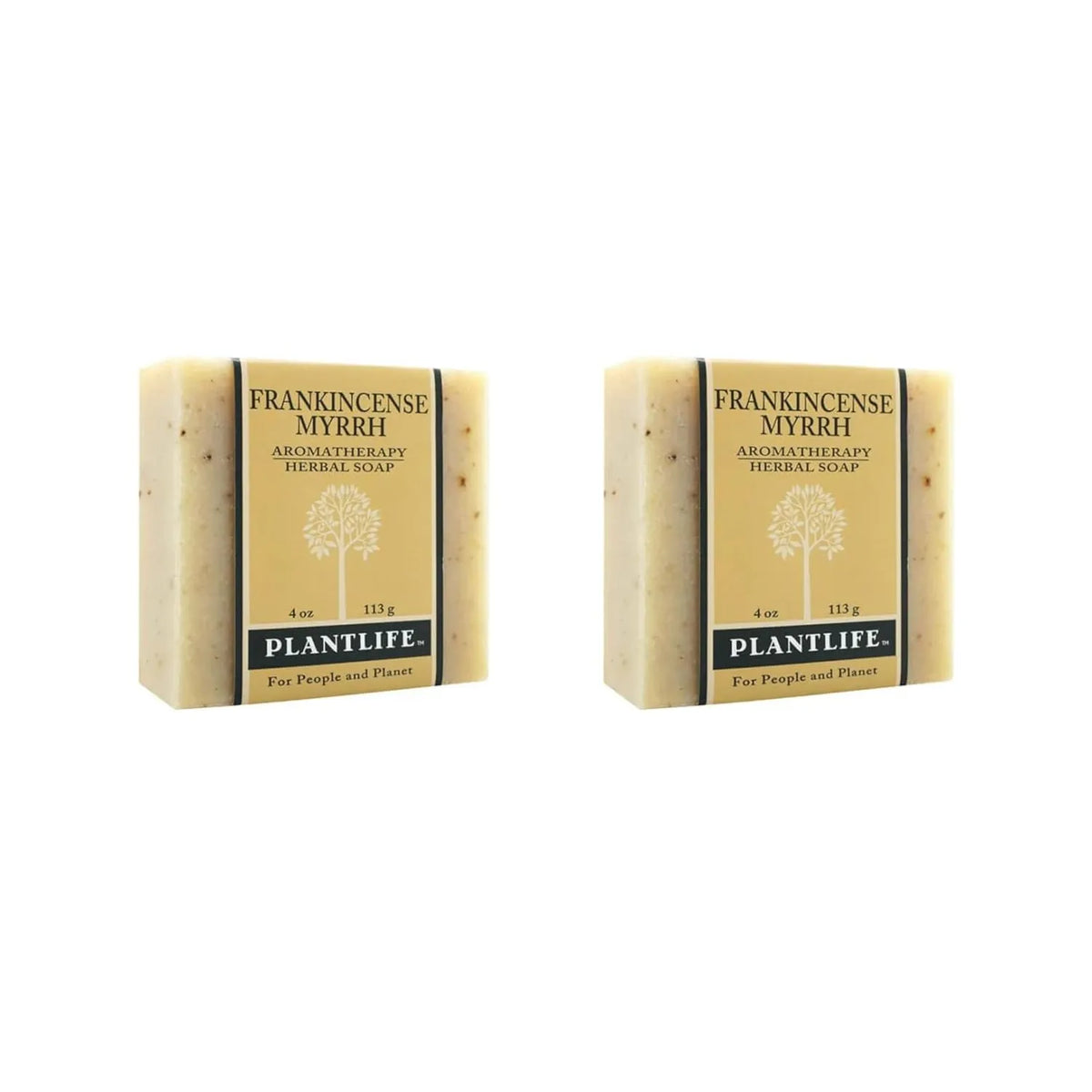 Two rectangular bars of Frankincense and Myrrh aromatherapy herbal soap in tan paper wrappers with tree illustrations.