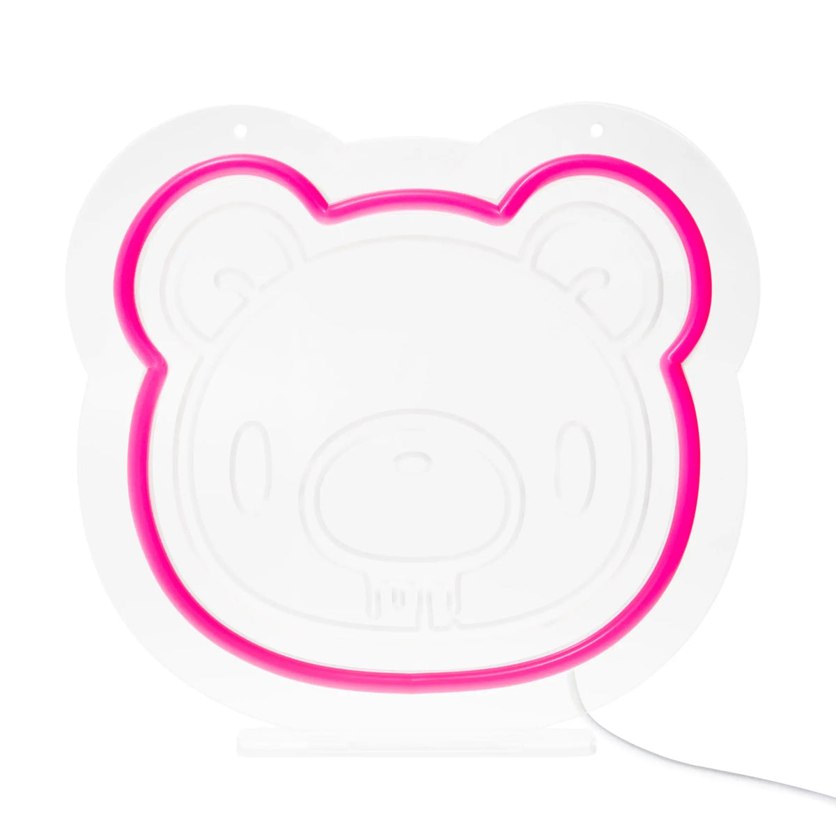 Gloomy Bear LED neon lamp featuring a hot pink outline on a clear, bear-shaped acrylic stand.