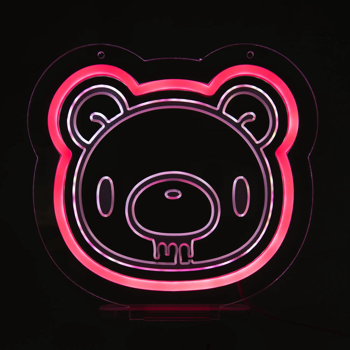 Gloomy Bear neon-style desk lamp on a clear acrylic backboard, featuring a glowing pink bear head outline.