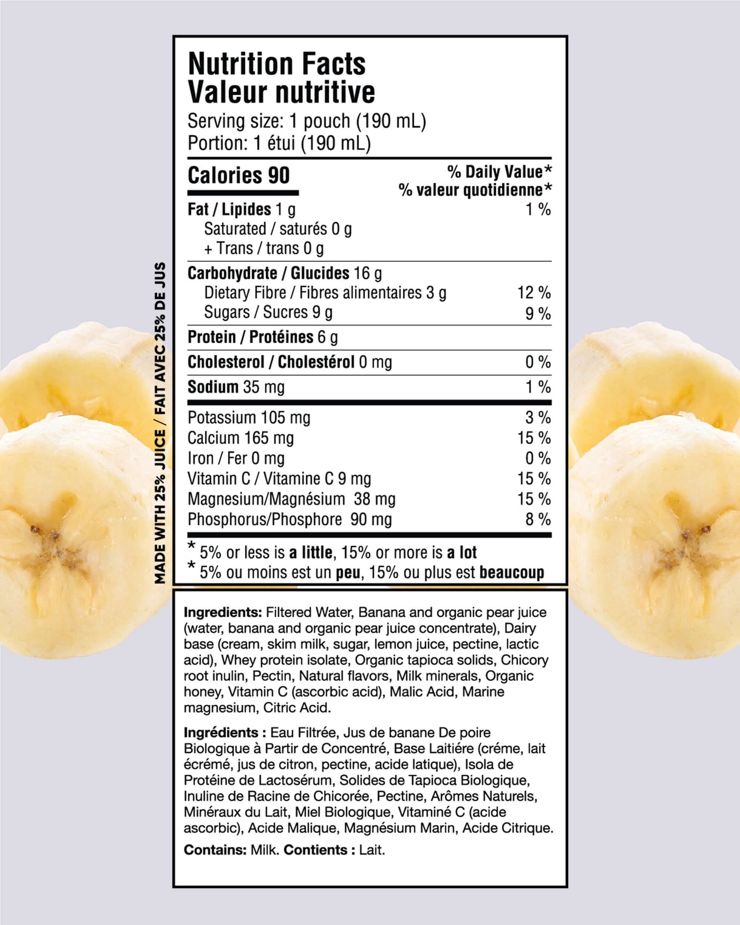 Nutrition facts for banana smoothie pouches with creamy banana and juice ingredients displayed.