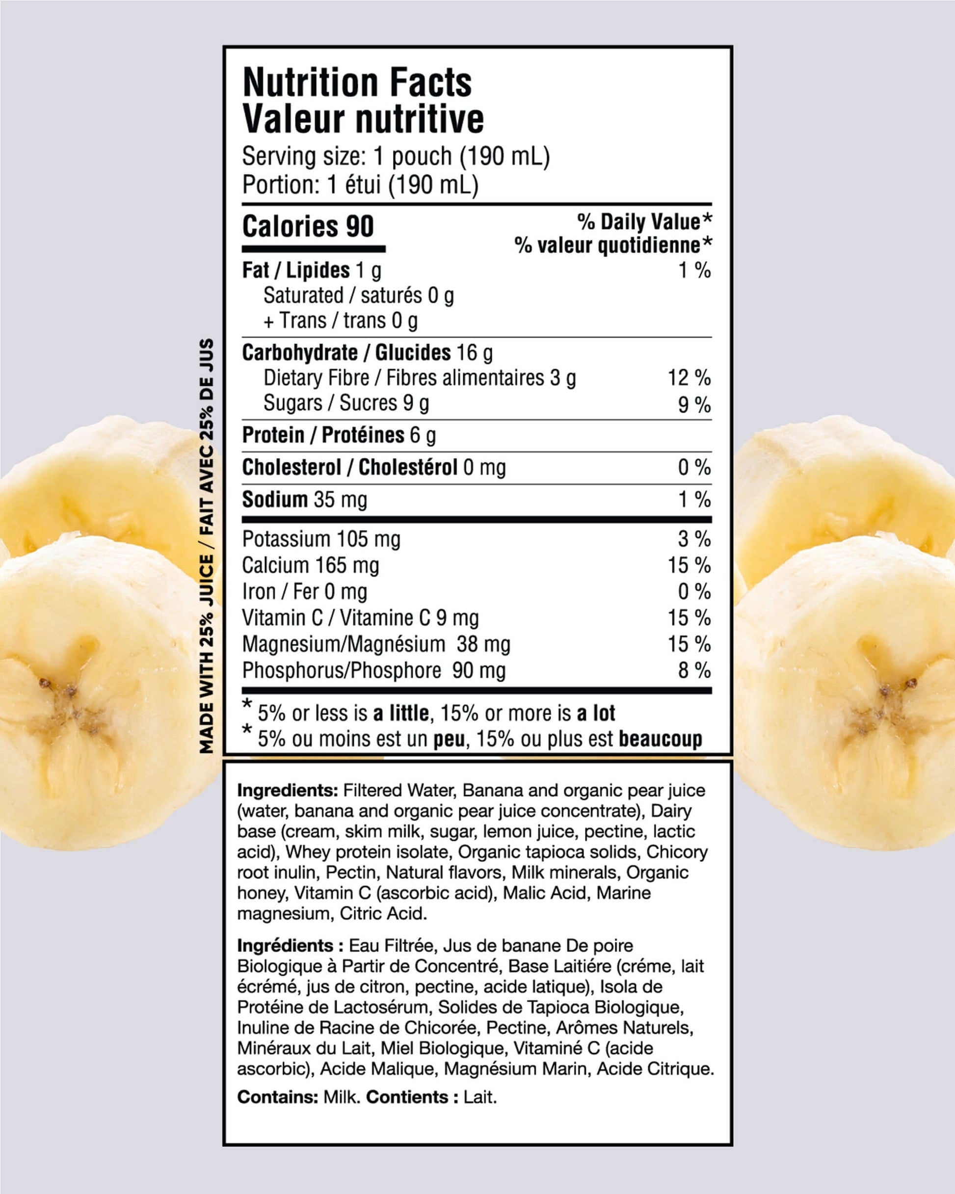 Nutrition facts for banana smoothie pouches with creamy banana and juice ingredients displayed.