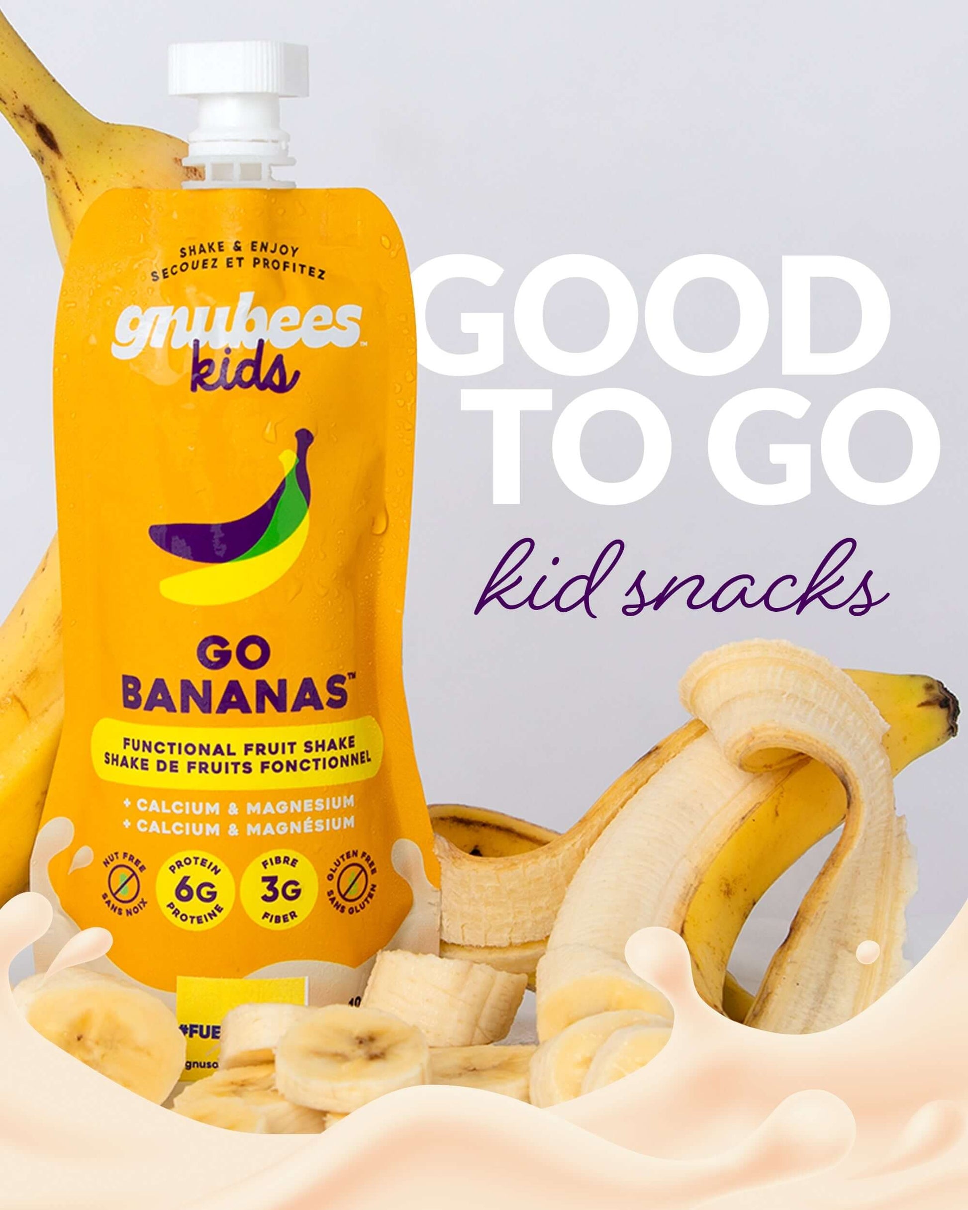 Go Bananas banana smoothie pouches for kids, featuring creamy smoothie in a resealable pouch with bananas.