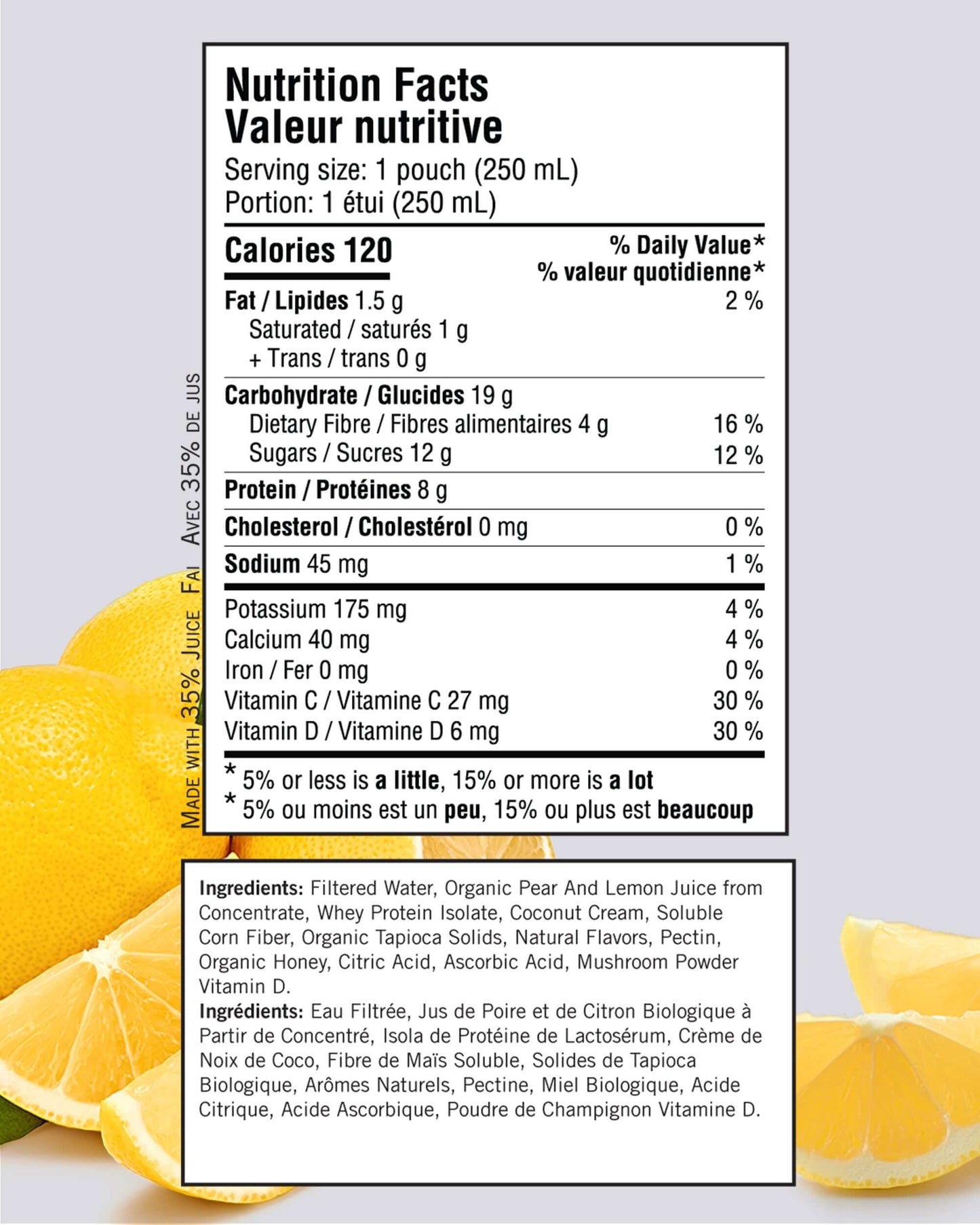 Información nutricional de Lemon Limelight en un pouch de 250 ml, delicioso sabor a limón.