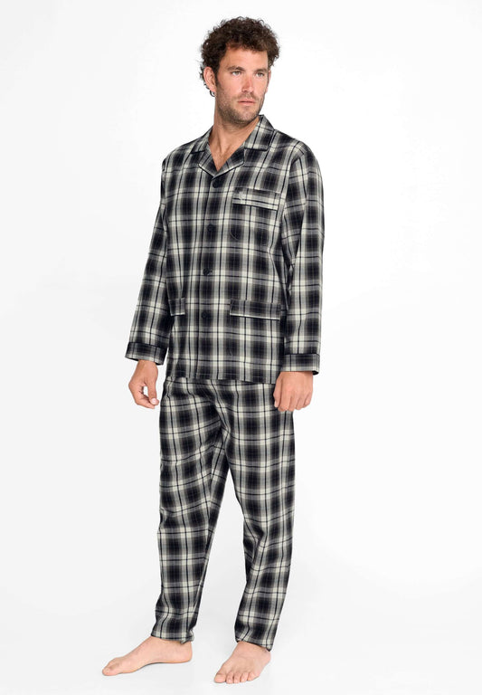 Pijama Hombre Invierno Solapa Algodón Franela Cuadros - Gris 2911_22, set de pijama largo para hombre con diseño de cuadros.