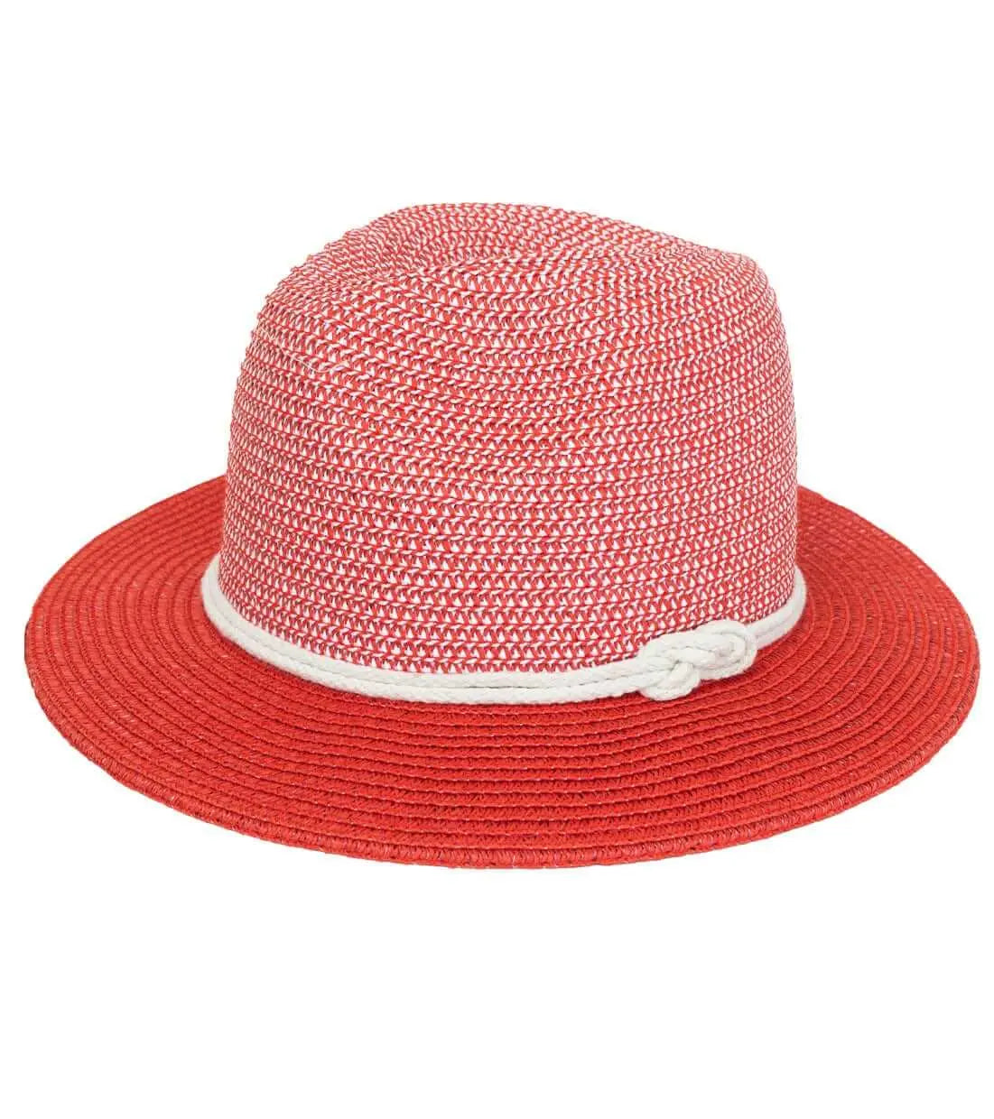 Two-tone red and white straw Panama hat with a knotted white rope band around the crown.