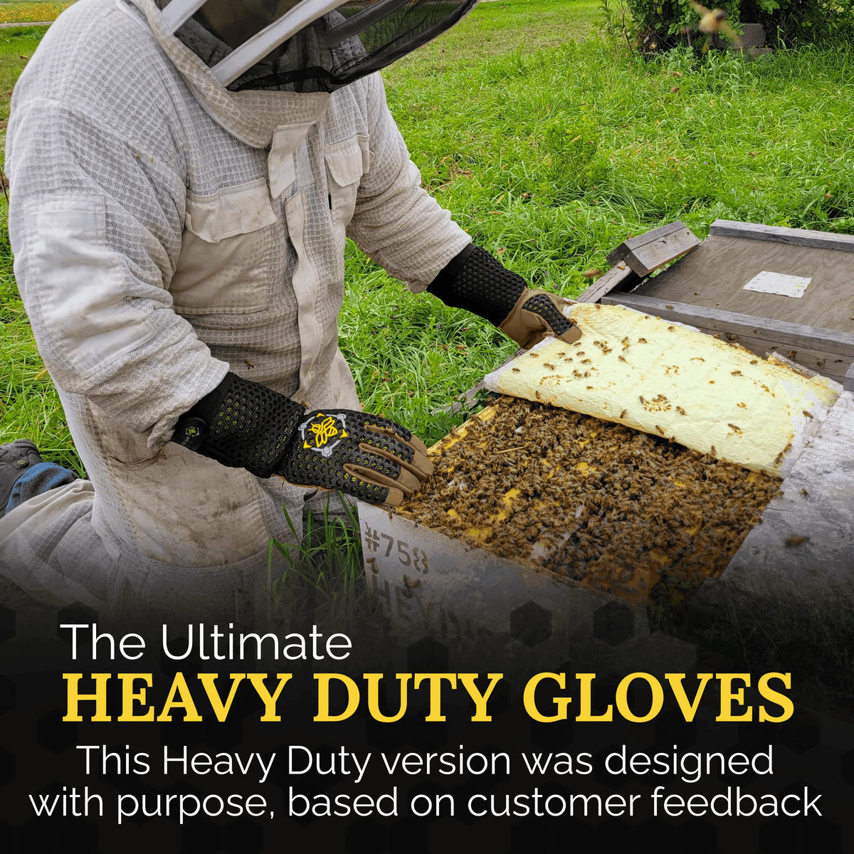 Black, heavy-duty beekeeping gloves with a mesh gauntlet and a yellow bee logo on the back of the hand.