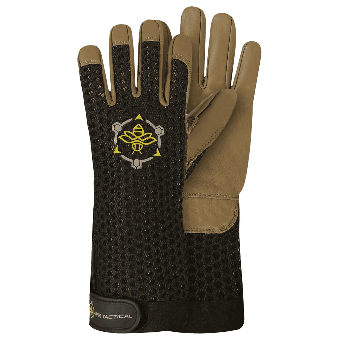 Beekeeping gloves with tan leather palms, black mesh back, hook-and-loop wrist closures, and a yellow bee emblem.