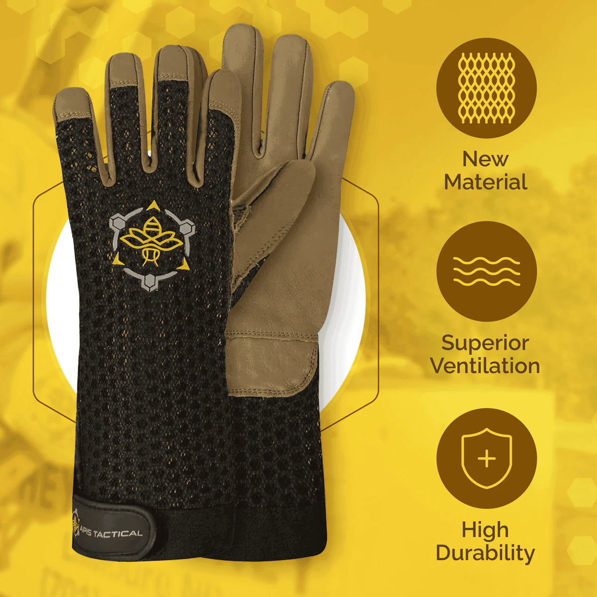Heavy-duty black and tan beekeeping gloves with a mesh back, leather palm, and Velcro wrist strap.