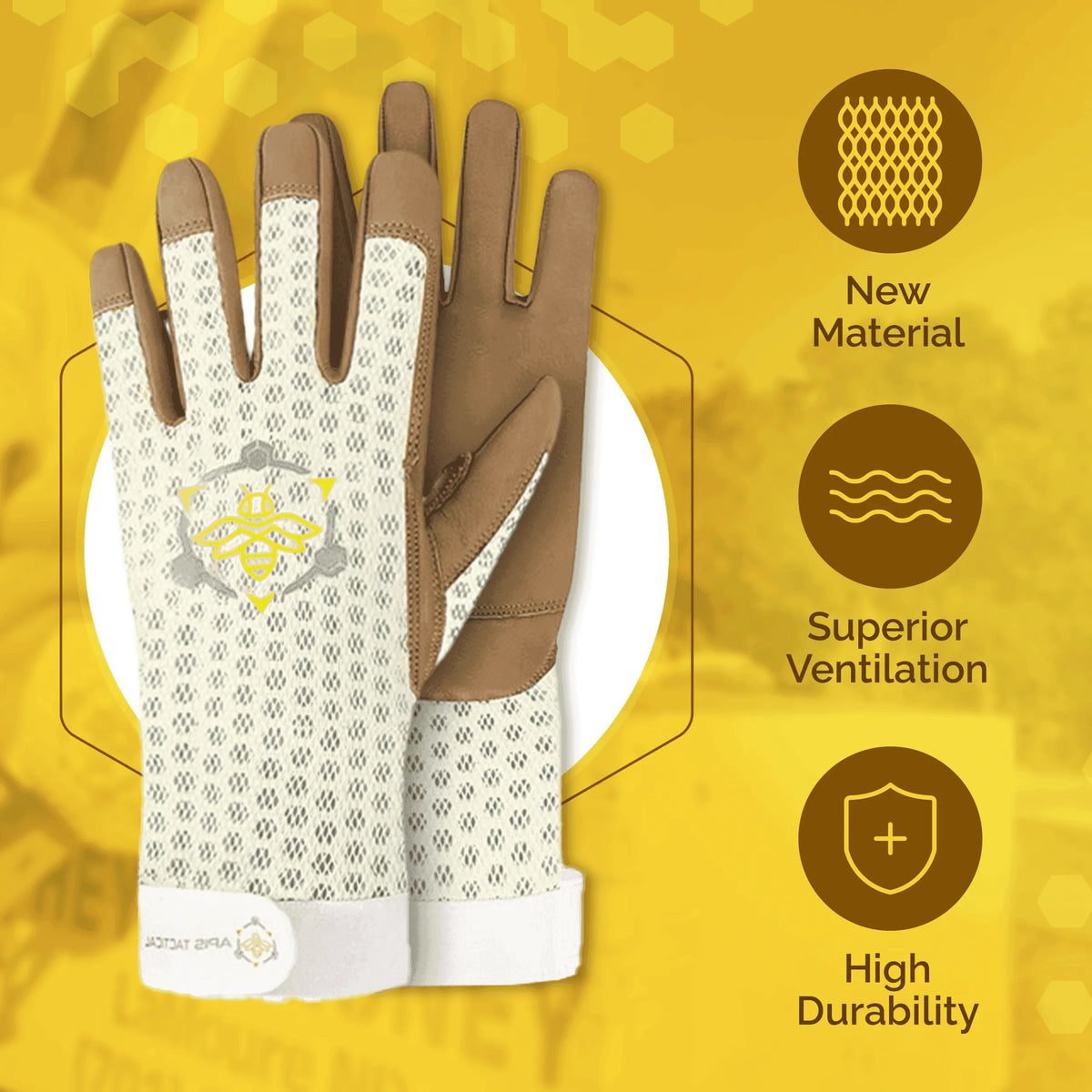 Beekeeping gloves with tan leather fingers, mesh back, yellow bee logo, and white adjustable wrist strap.