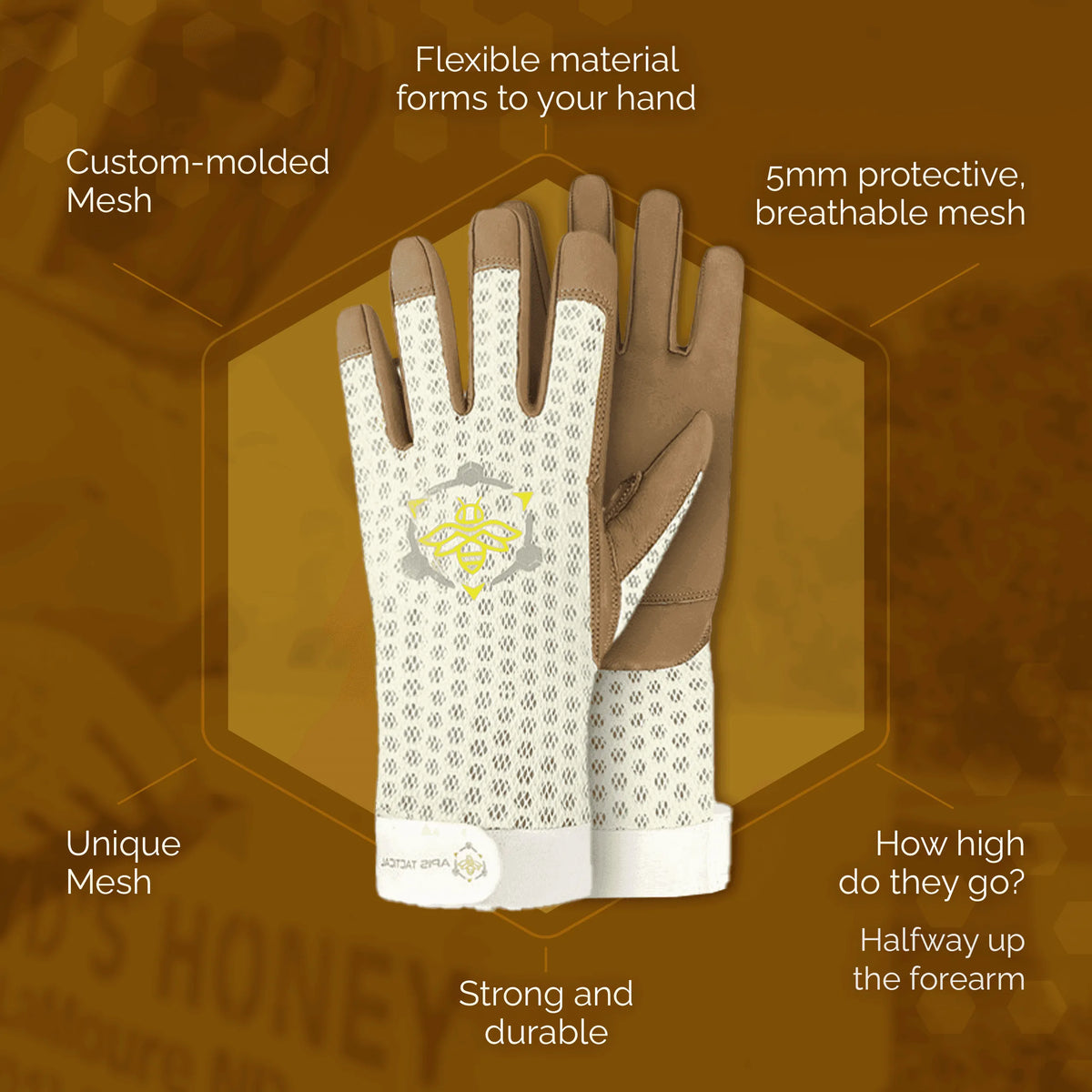 Tan and white beekeeping gloves with a protective mesh back, reinforced fingertips, and a wrist velcro strap.