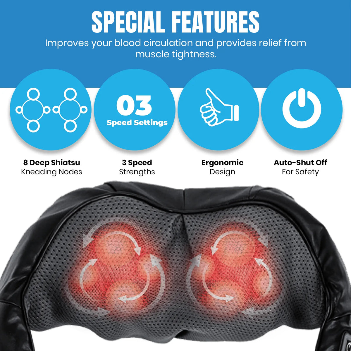 Black shiatsu massager with mesh center, glowing red heating nodes, and graphic icons showing speed and safety features.