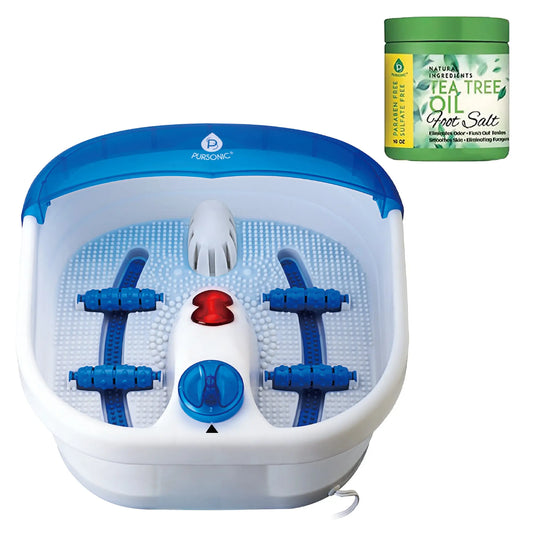 White and blue foot spa massager with built-in rollers, heating function, and a jar of tea tree oil foot salt scrub.