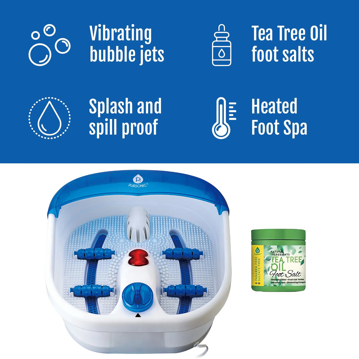 White and blue foot spa massager with built-in rollers and tea tree oil foot salt jar, featuring heated, bubble jet.