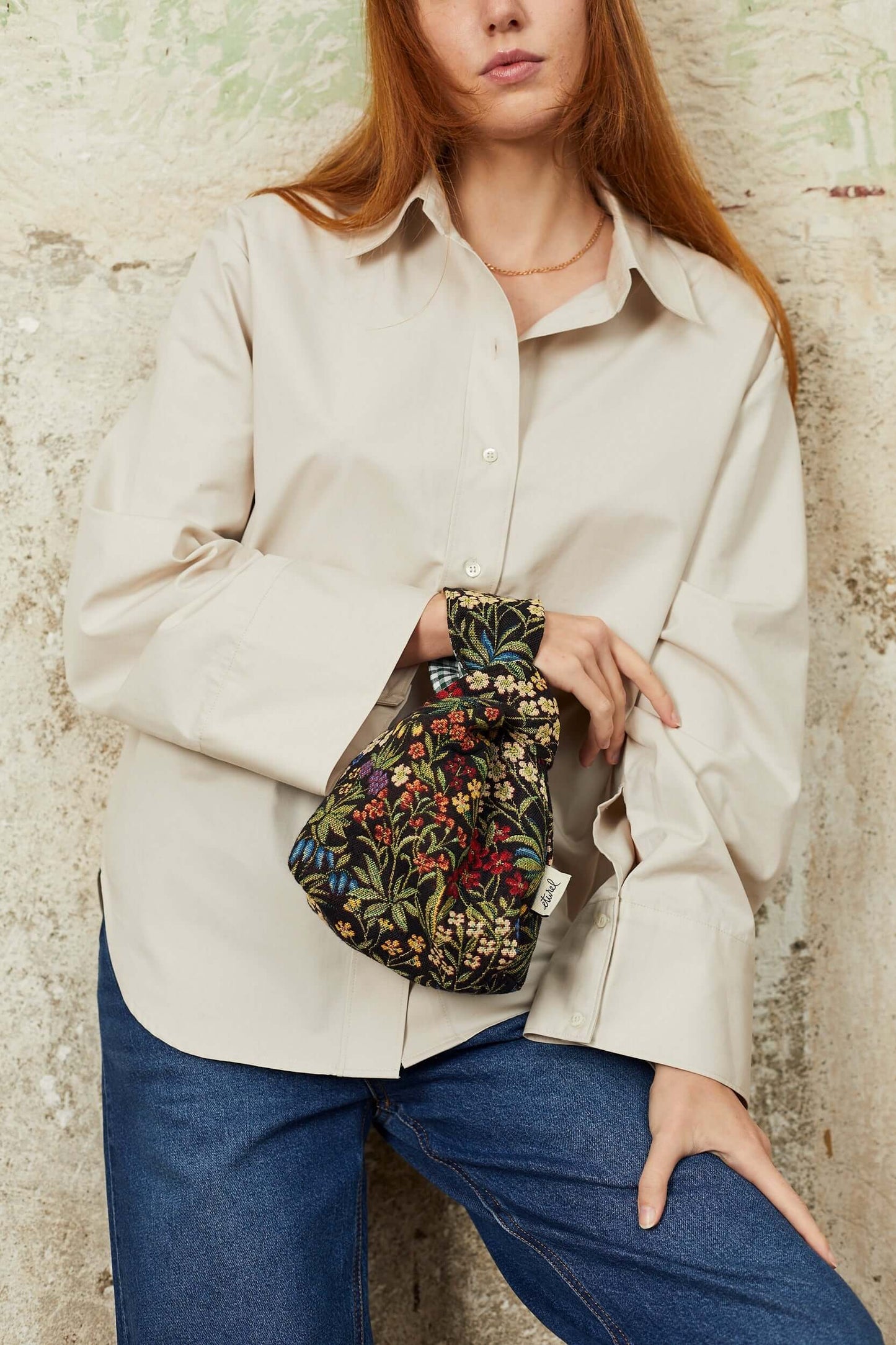 Bolso hatillo mini tejido jacquard flores margaritas