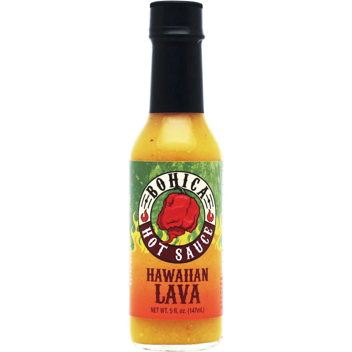 A bottle of yellow Hawaiian Lava hot sauce with a black cap and a label featuring a red chili pepper graphic.
