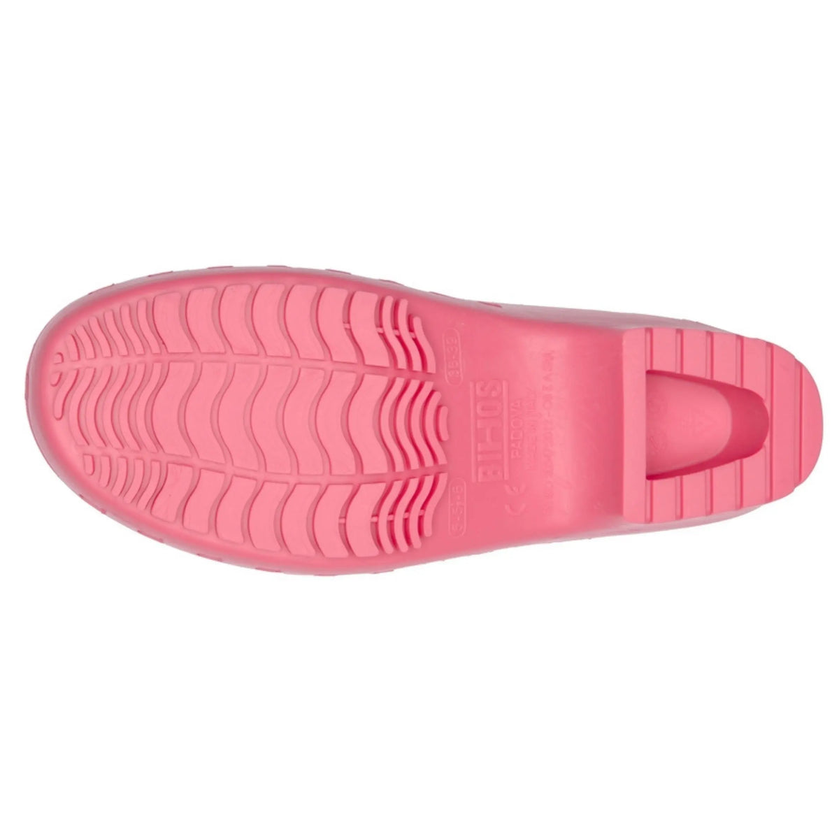 Bottom view of a hot pink rubber clog showing a textured, wavy-patterned non-slip sole with engraved branding text.