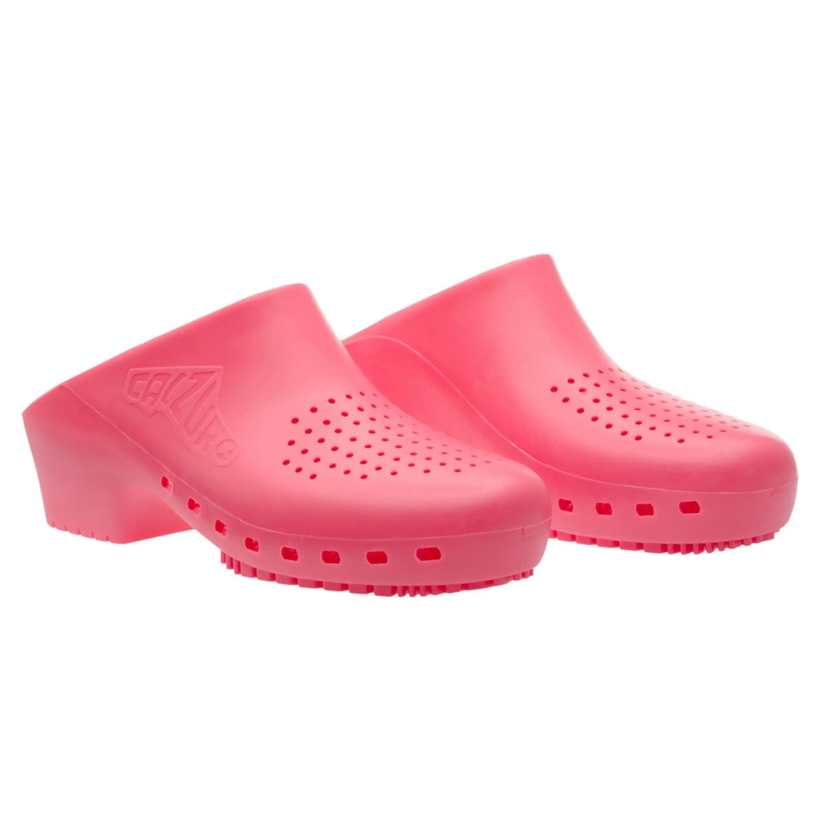 Pair of hot pink rubber clogs with ventilation holes on the sides and top, featuring a molded slip-on design.