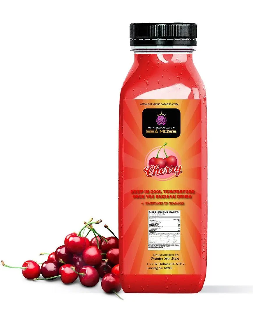 12 oz bottle of red Cherry Sea Moss lemonade with a black cap, featuring a branded label and fresh cherries at the base.