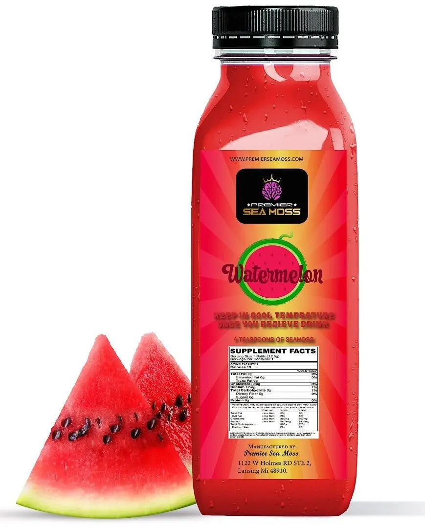 12 oz bottle of red watermelon sea moss drink with a nutrition label and two fresh watermelon slices at the base.
